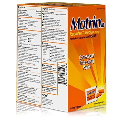 Motrin IB, Ibuprofen 200mg Tablets, NSAID Pain & Fever Reliever for Headache, Backache, Muscular Aches, Arthritis Pain Reliever, 50 Travel Packets of 2, 100 ct MotrinBuy Supplements Australia