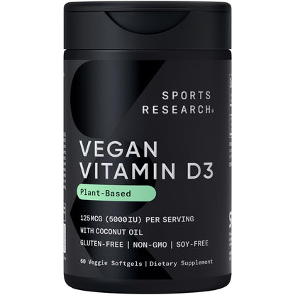 Sports Research Vegan Vitamin D3 5000IU (125 mcg) with Coconut Oil | 100% Plant-Based Vitamin D for Bone, Joint & Immune Support | Carrageenan Free, Vegan Certified & Non-GMO Verified (60 Softgels) Sports Research buy supplements Au