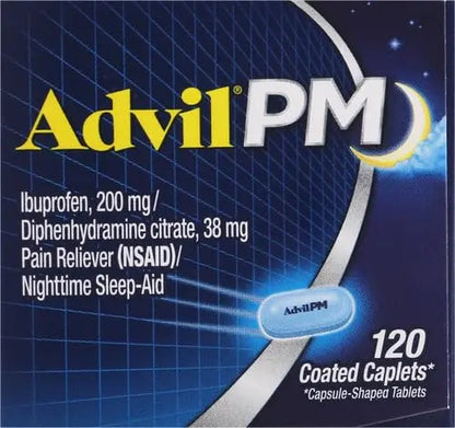 Advil PM Pain Reliever and Nighttime Sleep Aid, Pain Medicine with Ibuprofen for Pain Relief and Diphenhydramine Citrate for A Sleep Aid - 120 Coated Caplets (Pack of 2) AdvilBuy Supplements Australia