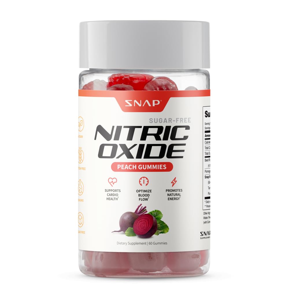 Supplement bottle labeled 'Nitric Oxide Peach Gummies' by SNAP on a white background