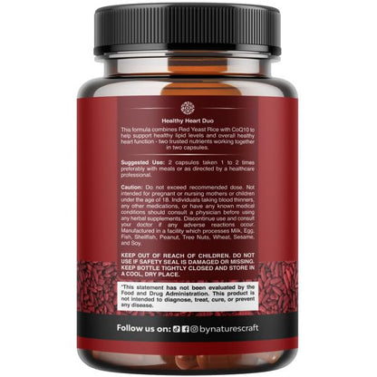Natures Craft Red Yeast Rice with CoQ10 Supplement - Advanced Healthy Heart & Healthy Cholesterol Levels Formula for Men & Women - Red Yeast Rice Capsules with 1200 mg