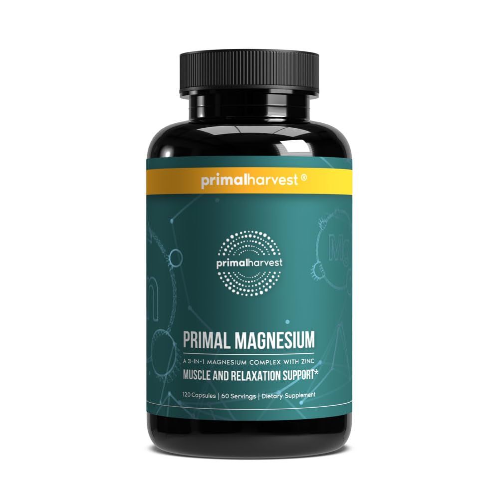 Primal Magnesium supplement bottle with Primalharvest label on a white background