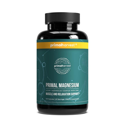 Primal Magnesium supplement bottle with Primalharvest label on a white background
