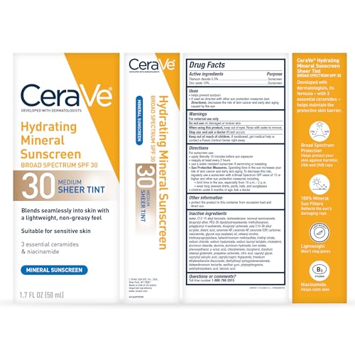 CeraVe Hydrating Mineral Sunscreen SPF 30 with Sheer Tint, Tinted Mineral Sunscreen with Zinc Oxide & Titanium Dioxide