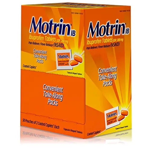 Motrin IB, Ibuprofen 200mg Tablets, NSAID Pain & Fever Reliever for Headache, Backache, Muscular Aches, Arthritis Pain Reliever, 50 Travel Packets of 2, 100 ct MotrinBuy Supplements Australia