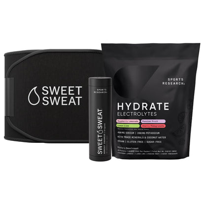 Sports Research® Sweet Sweat Black Waist Trimmer 'Xtra-Coverage' Belt (Size - Large), Multi Flavor Hydrate Electrolytes (16x Pack) and Original Workout Enhancer Roll-On Gel Stick Sports Research buy supplements Au
