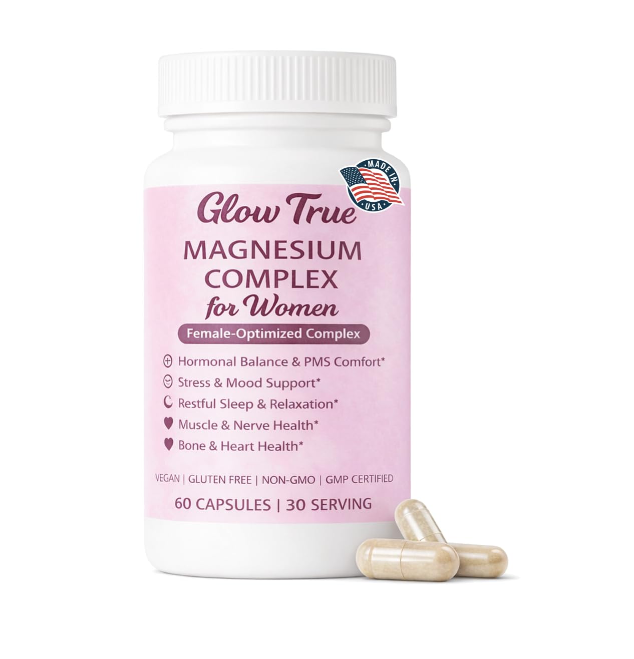 Glow True Magnesium Complex for Women supplement bottle with capsules on a white background