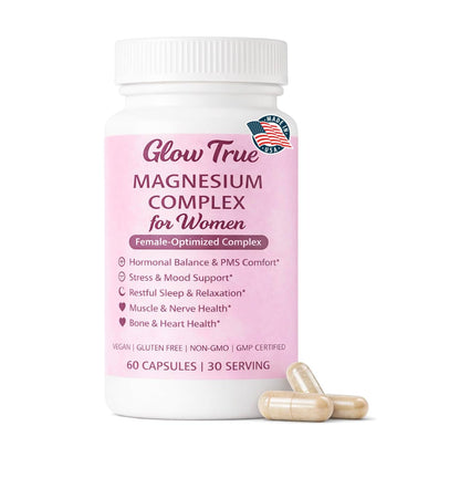 Glow True Magnesium Complex for Women supplement bottle with capsules on a white background
