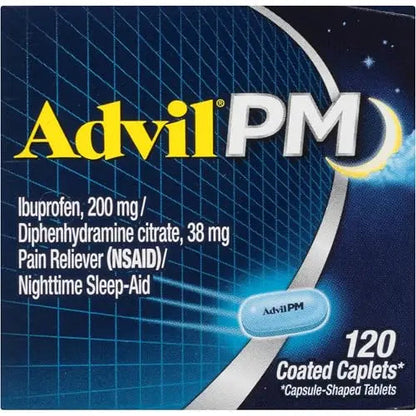 Advil PM Pain Reliever and Nighttime Sleep Aid, Ibuprofen for Pain Relief and Diphenhydramine Citrate for a Sleep Aid - 120 Coated Caplets and Pain Reliever and Fever Reducer, 10 Count Tablets AdvilBuy Supplements Australia