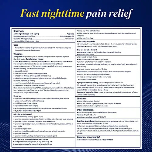 Advil PM Pain Reliever and Nighttime Sleep Aid, Pain Medicine with Ibuprofen for Pain Relief and Diphenhydramine Citrate for A Sleep Aid - 120 Coated Caplets (Pack of 2) AdvilBuy Supplements Australia