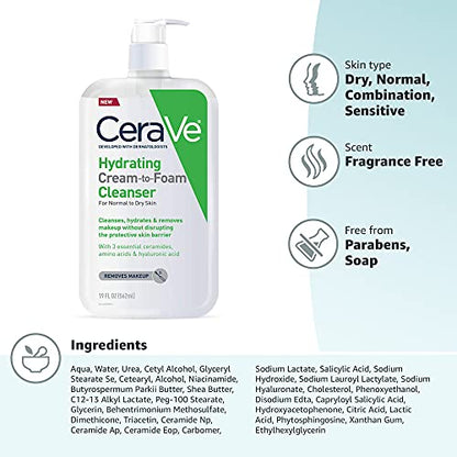 CeraVe Hydrating Cream To Foam Cleanser, Makeup Remover Face Wash For Dry Skin