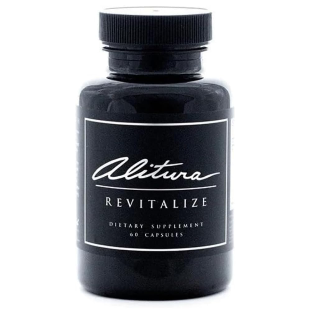 Black dietary supplement bottle labeled 'Alitiva Revitalize' on a white background