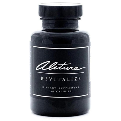 Black dietary supplement bottle labeled 'Alitiva Revitalize' on a white background