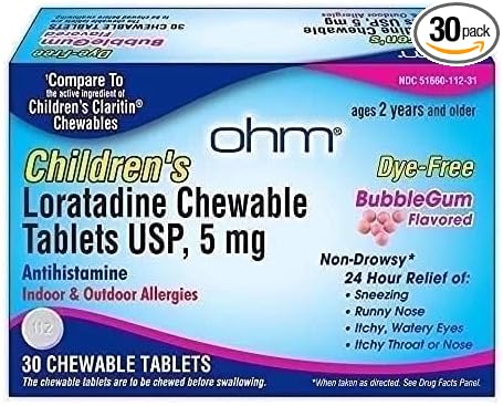 Ohm Children's Allergy Medicine, Loratadine 5mg, Chewable Tablets (30 Count) Bubblegum Flavor, Non-Drowsy Antihistamine, 24-Hour Allergy Relief for Runny Nose, Watery Eyes, Itchy Throat & Nose