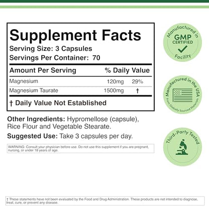 Magnesium Taurate Supplement for Cardiovascular Health to Boost Magnesium Levels (1,500mg per Serving, 210 Vegan Capsules) Non-GMO, Gluten Free