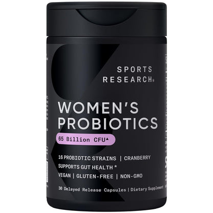 Sports Research Women's Probiotics with Prebiotics, 65 Billion CFU - Vegan Capsules for Gut Health & Digestive Support, Probiotics for Women with Cranberry - Non-GMO Verified & Gluten Free - 30 Count Sports Research buy supplements Au