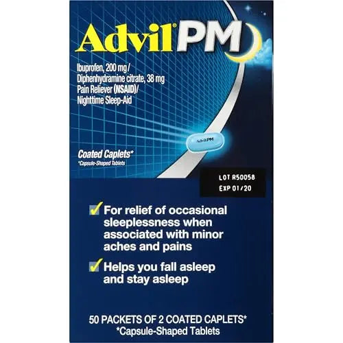 Advil PM Pain Reliever and Nighttime Sleep Aid, Pain Medicine with Ibuprofen for Pain Relief and Diphenhydramine Citrate for a Sleep Aid - 50x2 Coated Caplets AdvilBuy Supplements Australia