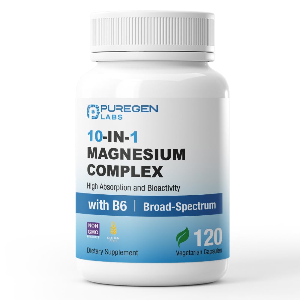 Supplement bottle labeled '10-IN-1 Magnesium Complex' by Puregen Labs on a white background
