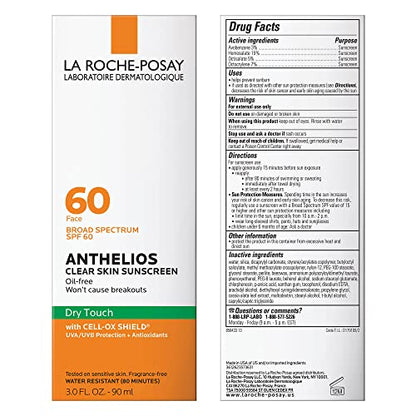 La Roche-Posay Anthelios Clear Skin Sunscreen Dry Touch SPF 60, Oil Free Sunscreen For Face, Oil Absorbing, Broad Spectrum SPF
