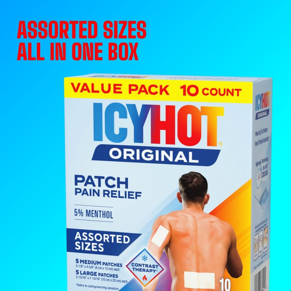 Icy Hot Original Pain Relief Patch Variety Pack with 5% Cooling Menthol for Fast-Acting Muscle and Joint Pain Relief, 5 Medium and 5 Large Comfortable Fabric Patches, 10 Ct., 2 pk Icy HotBuy Supplements Australia