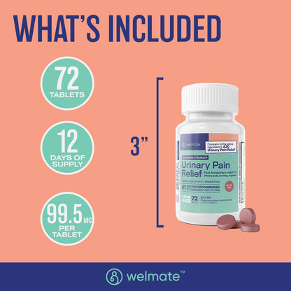 WELMATE Urinary Pain UTI Relief Maximum Strength (Phenazopyridine HCL) - Improve Urinary Tract Health & Bladder Control, Urgency, & Discomfort | Over-The-Counter Medication for Men & Women (72 Pills) WELMATE buy supplements Au