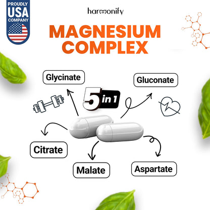 HARMONIFY Magnesium Glycinate Citrate Malate Aspartate Gluconate, 5 in 1 Formula, 120 Purified Veggie Capsule, 1000 mg, Gluten Free, Non-GMO, 60 Days Serving HARMONIFY buy supplements Au