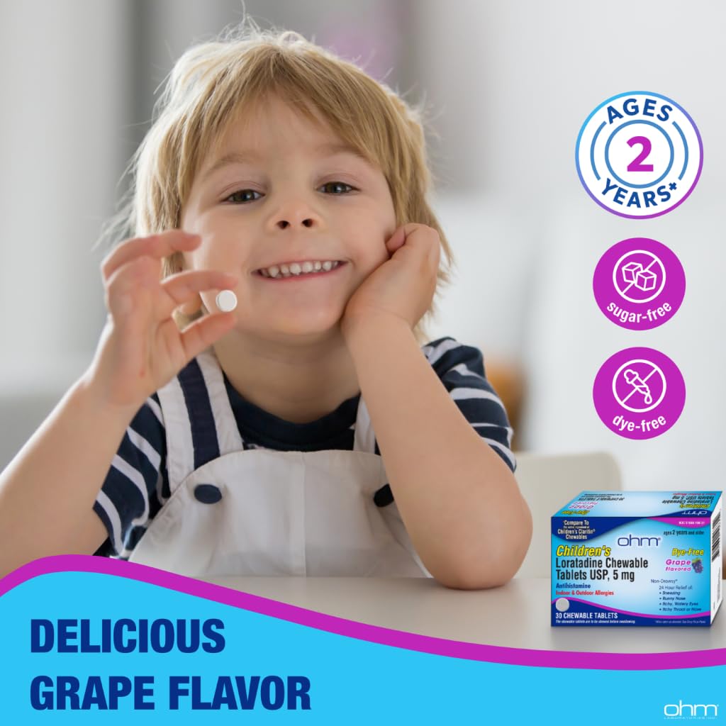 Ohm Children's Allergy Medicine, Loratadine 5mg, Chewable Tablets (30 Count) Grape Flavor, Non-Drowsy Antihistamine, 24-Hour Allergy Relief for Runny Nose, Watery Eyes, Itchy Throat & Nose Ohm buy supplements Au