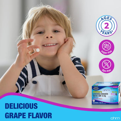 Ohm Children's Allergy Medicine, Loratadine 5mg, Chewable Tablets (30 Count) Grape Flavor, Non-Drowsy Antihistamine, 24-Hour Allergy Relief for Runny Nose, Watery Eyes, Itchy Throat & Nose Ohm buy supplements Au