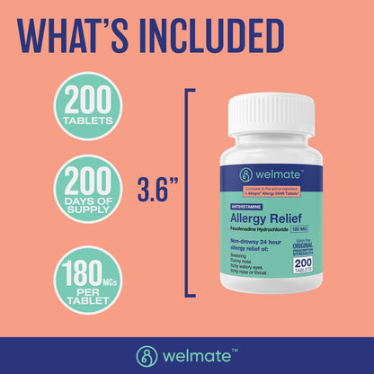 WELMATE | Allergy Relief | Fexofenadine HCl 180 mg | 24 Hour Non-Drowsy Antihistamine | Sneezing | Runny Nose | Itchy Eyes, Nose & Throat | Indoor & Outdoor Allergy Relief Tablets | 200 Count WELMATE buy supplements Au