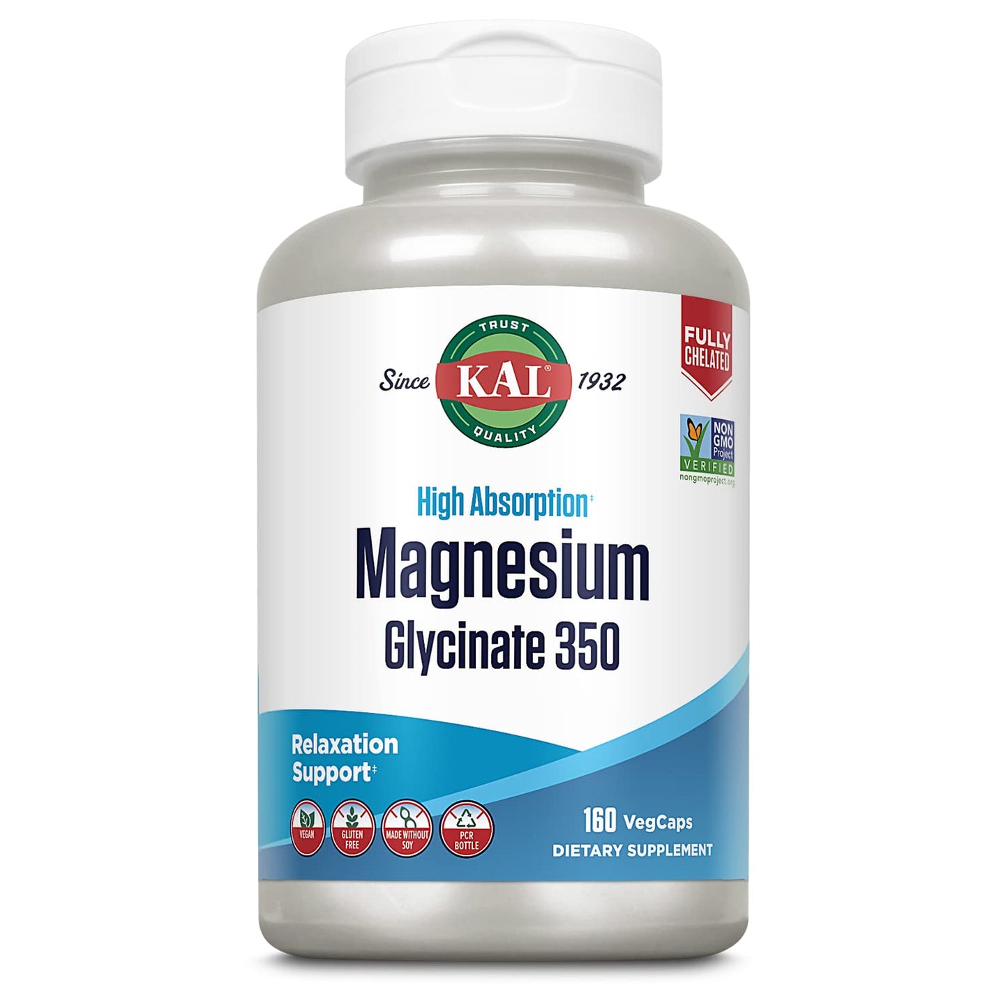 KAL Magnesium Glycinate Capsules, Fully Chelated Magnesium Bisglycinate, High Absorption Magnesium Supplement, Healthy Bones, Muscle, Relaxation and Stress Support, Non-GMO 160 count KALBuy Supplements Australia
