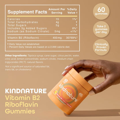 kindnature Vitamin B2 Gummies - Riboflavin 400mg Supplement for Kids & Adults - Non-GMO, Soy & Gluten-Free