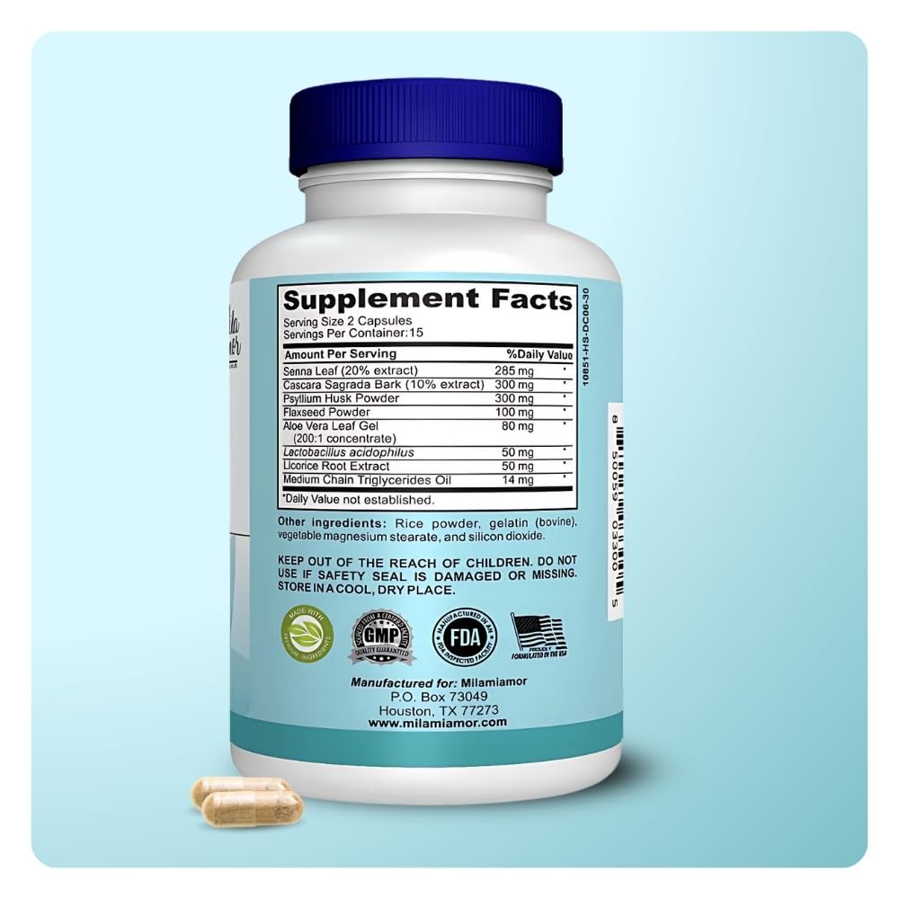 Mila Miamor 15 Day Cleanse - Gut and Colon Support - Advanced Gut Cleanse Detox for Women & Men with Senna, Cascara Sagrada & Psyllium Husk - Non-GMO - Made in USA - 30 Capsules
