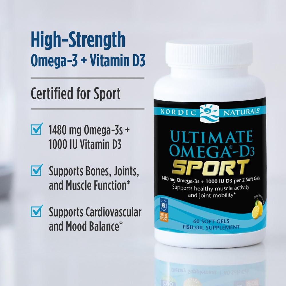 Nordic Naturals Ultimate Omega-D3 Sport, Lemon - 60 Soft Gels - 1480 mg Omega-3 + 1000 IU Vitamin D3 - NSF Certified - Supports Muscle, Bones, Focus & Endurance - 30 Servings Nordic Naturals buy supplements Au