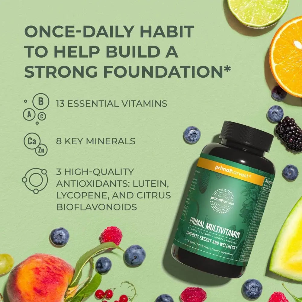 Primal Harvest Primal Multivitamin - Daily Multi-Vitamin Supplement with 21 Essential Vitamins & Minerals for Women & Men - Vitamin A, C, D, E, B12, B6, Biotin Primal Harvest