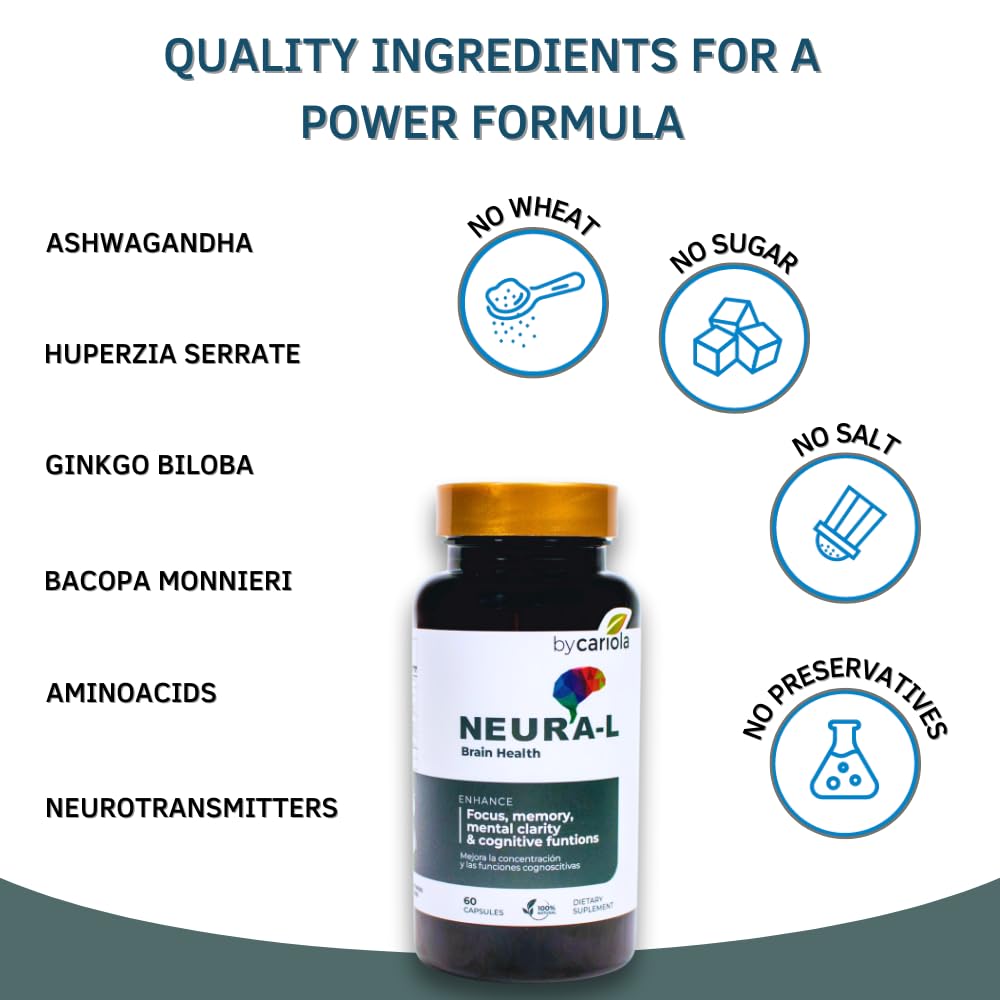 BY CARIOLA Neural-L Natural Brain Support Supplement 60 Caps - Mental Support – Memory Booster - Concentration - Natural Formula - Ashwagandha - L-Tyrosine - L-Theanine BY CARIOLA buy supplements Au
