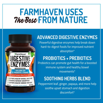 FarmHaven Digestive Enzymes with 18 Probiotics & Herbs | Papaya, Bromelain, Protease & More for Lactose Absorption & Better Digestion | Helps Bloating