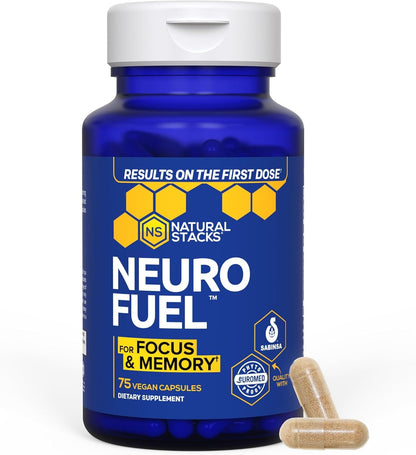 Blue supplement bottle labeled 'Neuro Fuel' by Natural Stacks with a white cap on a white background.