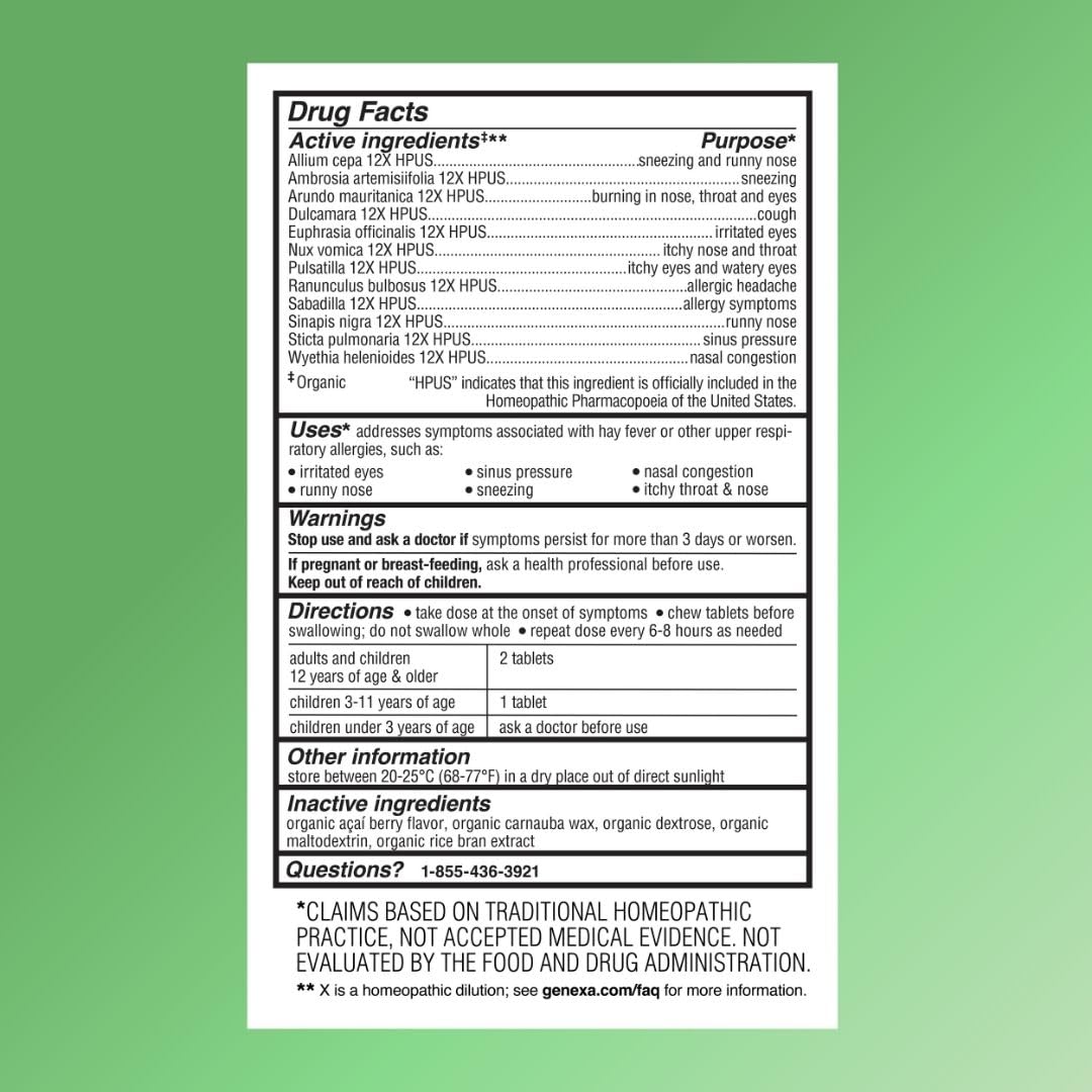Genexa Allergy Care | Drug Free, Non-Drowsy Allergy & Decongestant Remedy for Adults | Vegan & Non-GMO | Homeopathic Allergy Relief Made Clean | Organic Acai Berry Flavor | 60 Chewable Tablets Genexa buy supplements Au