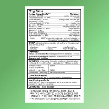 Genexa Allergy Care | Drug Free, Non-Drowsy Allergy & Decongestant Remedy for Adults | Vegan & Non-GMO | Homeopathic Allergy Relief Made Clean | Organic Acai Berry Flavor | 60 Chewable Tablets Genexa buy supplements Au