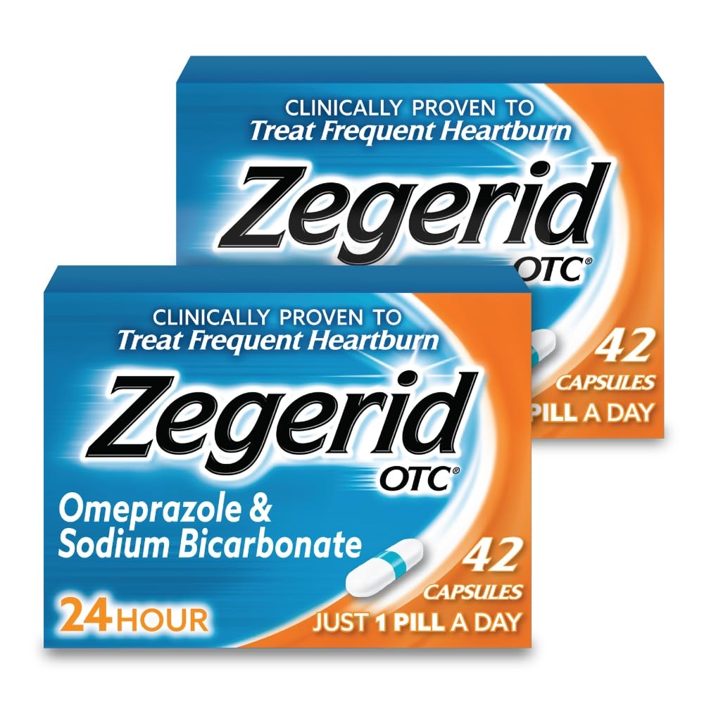 Zegerid OTC, 24-Hour Heartburn Relief, Acid Reflux Medicine and Antacid, Treats Frequent Heartburn, Omeprazole 20mg + Sodium Bicarbonate, Proton Pump Inhibitor (PPI), Two 42ct Cartons Zegerid OTC buy supplements Au