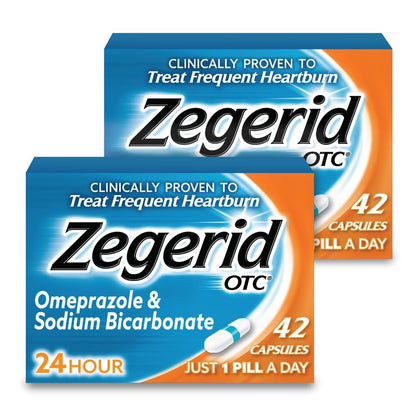 Zegerid OTC, 24-Hour Heartburn Relief, Acid Reflux Medicine and Antacid, Treats Frequent Heartburn, Omeprazole 20mg + Sodium Bicarbonate, Proton Pump Inhibitor (PPI), Two 42ct Cartons Zegerid OTC buy supplements Au