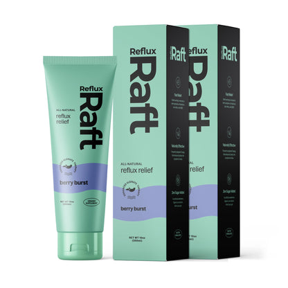 Reflex Raft all-natural reflux relief product packaging on a white background