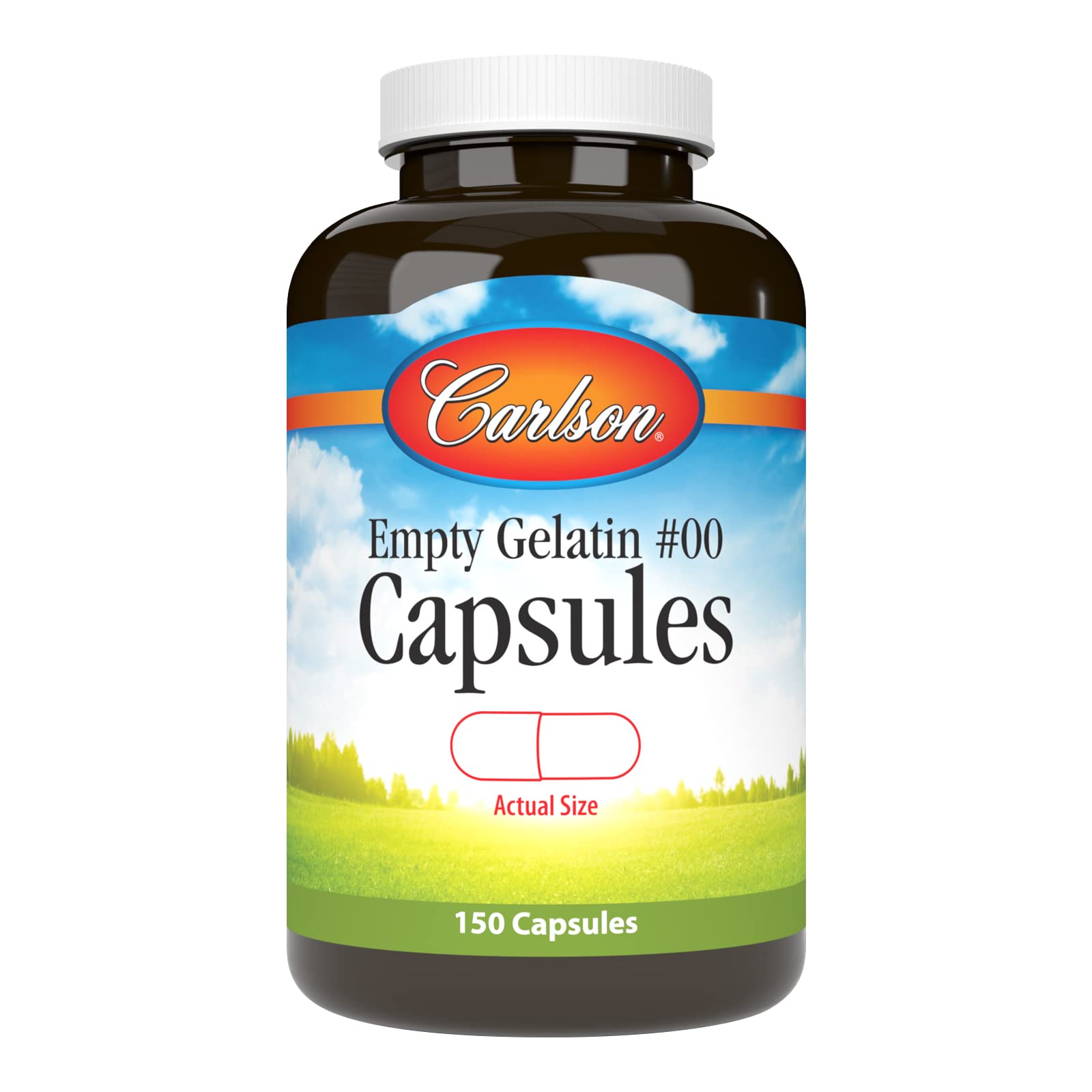 Bottle of Carlson Empty Gelatin #00 Capsules on a white background