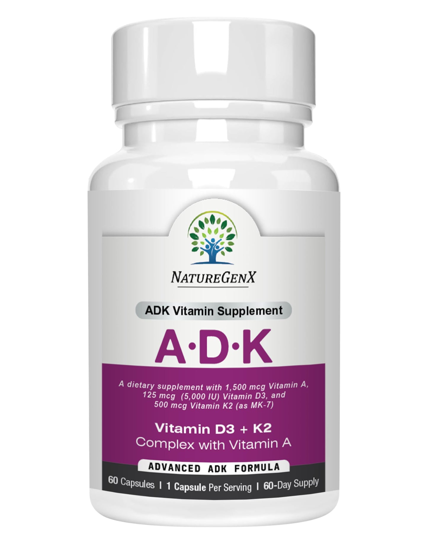 NatureGenX ADK Vitamin Supplement – Vitamins A, D3 & K2 MK-7 for Bone Health & Calcium Absorption – Gluten-Free, Non-GMO, Soy-Free