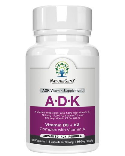 NatureGenX ADK Vitamin Supplement – Vitamins A, D3 & K2 MK-7 for Bone Health & Calcium Absorption – Gluten-Free, Non-GMO, Soy-Free