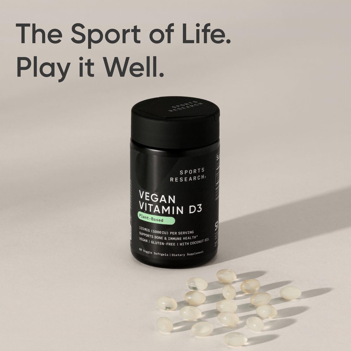 Sports Research Vegan Vitamin D3 5000IU (125 mcg) with Coconut Oil | 100% Plant-Based Vitamin D for Bone, Joint & Immune Support | Carrageenan Free, Vegan Certified & Non-GMO Verified (60 Softgels) Sports Research buy supplements Au