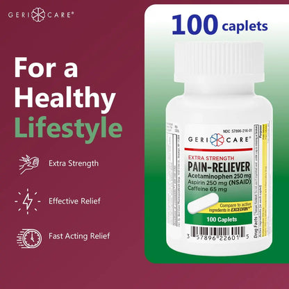 GeriCare Pain Reliever Extra Strength Caplets – 100 Count – Acetaminophen 250mg, Aspirin 250mg (NSAID), Caffeine 65mg – Powerful Triple-Action Formula for Headaches, Migraines & Minor Aches (2 Pack) GeriCareBuy Supplements Australia