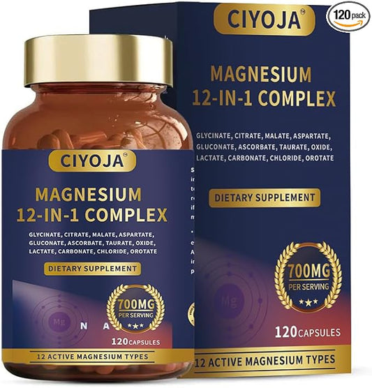 CIYOJA Magnesium 12-in-1 Complex dietary supplement bottle and packaging.
