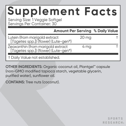 Sports Research® Lutein and Zeaxanthin Capsules - Eye Health Support Supplement Made with Lute-Gen® and Organic Coconut Oil - Vegan Friendly & Non-GMO Verified - 30 Veggie Softgels Sports Research buy supplements Au