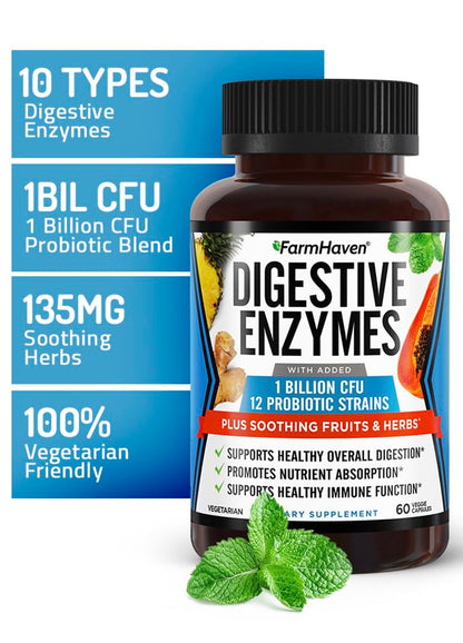FarmHaven Digestive Enzymes with 18 Probiotics & Herbs | Papaya, Bromelain, Protease & More for Lactose Absorption & Better Digestion | Helps Bloating